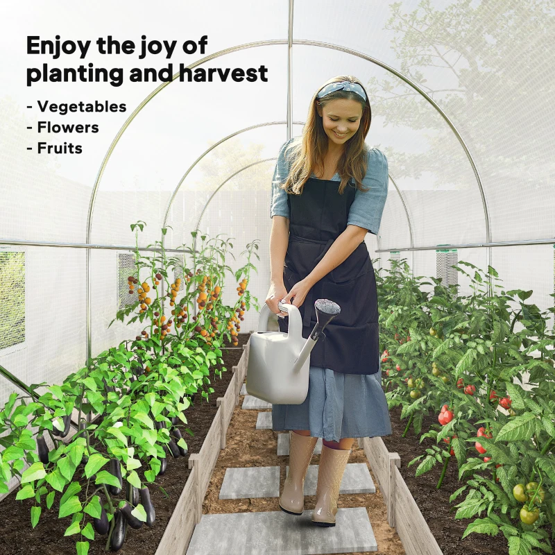 Outsunny Hoop House Greenhouse, Walk-in Tunnel Greenhouse with 2 Support Rods, Zippered Roll-up Mesh Door, 14.6'x6.5'x6.6', White