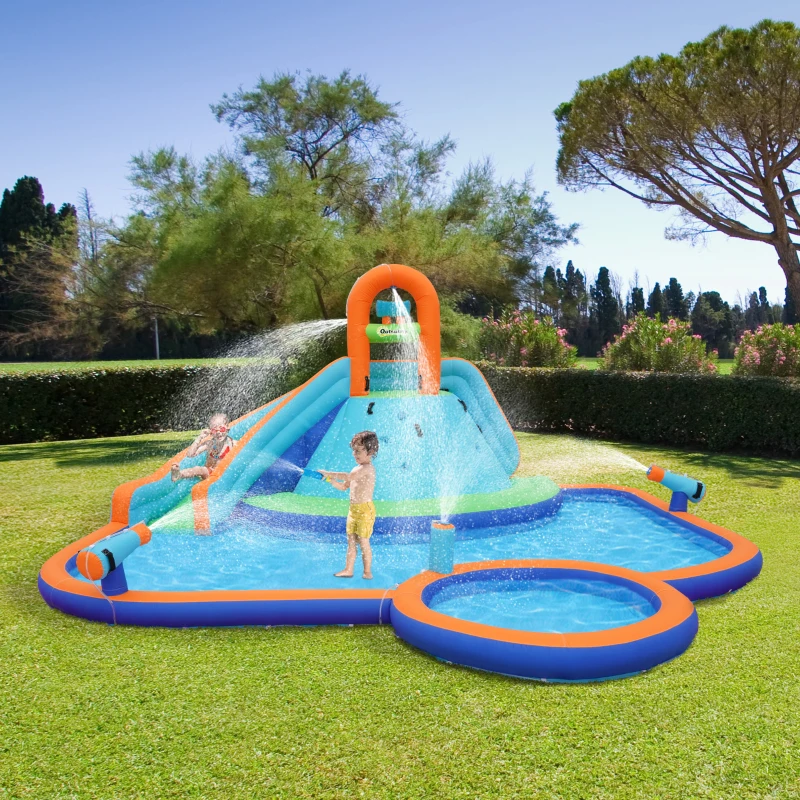 Outsunny 4 in 1 Kids Bounce House w/ Slide, Pool, Climbing Wall, Water Cannon, Blower, Carrying Bag for 3-8 Years