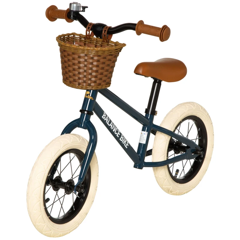 Qaba Kids Balance Bike with Basket, Adjustable Height Handlebars, Soft-Grip Push Bike with Bell, Rubber Tires, Skill-Improving Training Bike Ages 3-6, Little Kids Outdoor Toys