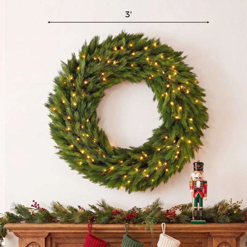 HOMCOM Christmas Decoration, 36 in Pre-Lit Norwegian Spruce Artificial Christmas Wreath with 100 LED Lights, Green