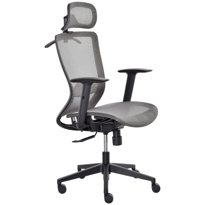 Vinsetto High-Back Mesh Home Office Chair with Coat Hanger, Computer Task Chair with Adjustable Height, Arms, Headrest and Lumbar Support, 360° Wheels and Seat, Reclining Function, Grey