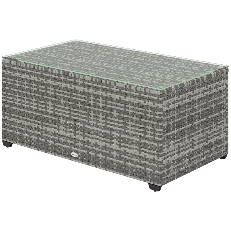 Outsunny Wicker Outdoor Coffee Table, PE Wicker Rectangular Patio Table with Tempered Glass Top for Garden, Balcony, Light Grey