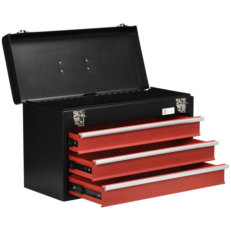DURHAND 20" Portable Metal Tool Box with Metal Latch Closure, 3 Drawer Lockable Tool Chest with Ball-bearing Slider for Garage, Household and Warehouse, Red