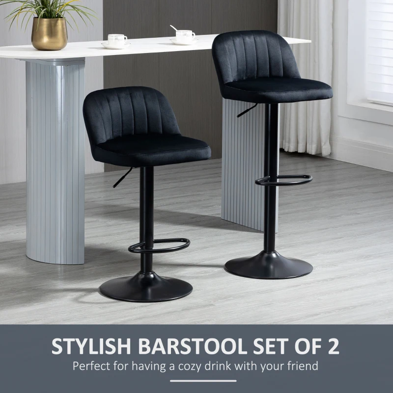 HOMCOM Adjustable Bar Stools Set of 2, Velvet Counter Height Barstool, Upholstered Kitchen Stool with Swivel Seat, Steel Frame, Footrest for Kitchen Counter and Dining Room, ‎Black