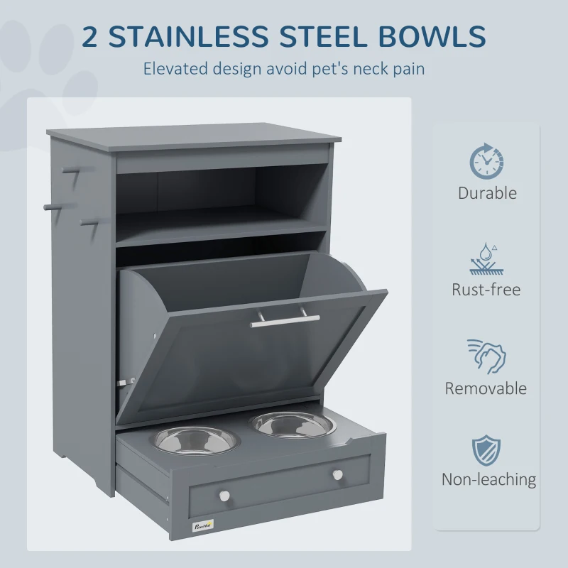 PawHut Pet Feeder Station Storage Cabinet, Dog Food Storage Container with Dog Raised Bowls, Watering Supplies, Grey