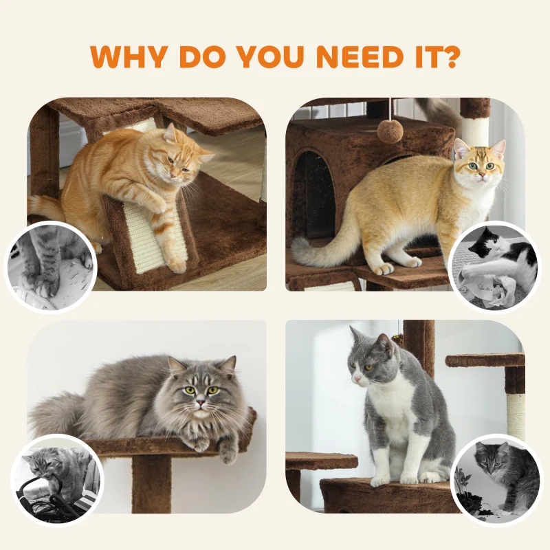 PawHut 63" Cat Tree, Multi-Level Cat Tower with Scratching Posts, Cat Condos, Bed, Platforms, Ramp, Toy Ball, Light Brown