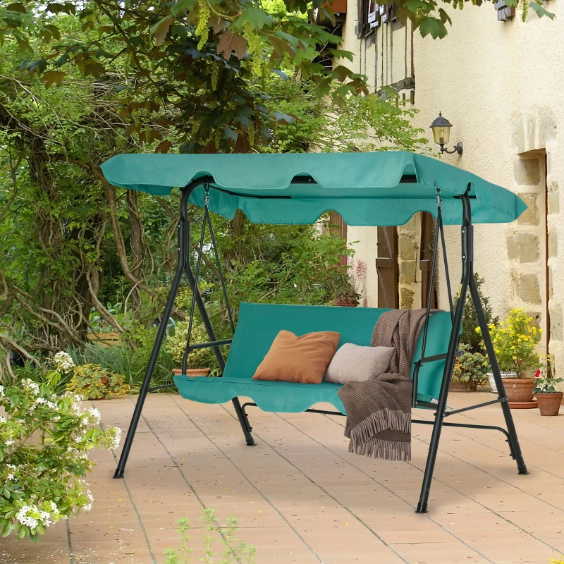 Outsunny 3-Seat Outdoor Patio Swing Chair with Removable Cushion, Steel Frame Stand and Adjustable Tilt Canopy for Patio, Garden, Poolside, Balcony, Backyard, Green