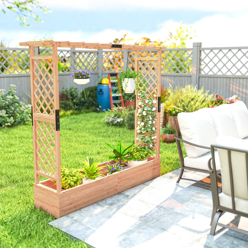 Outsunny Wooden Planter Box with Trellis, Hanging Roof and Drainage Holes for Climbing Plants, Vegetables, Herbs and Flowers