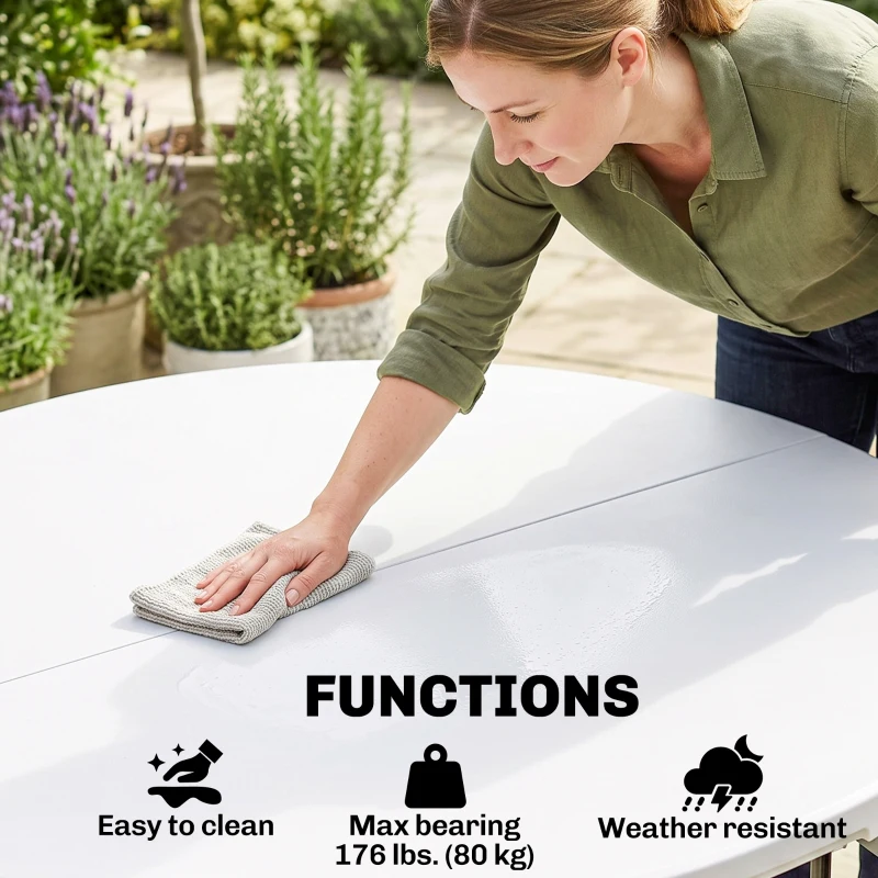 Outsunny Φ48" Folding Patio Table, Outdoor HDPE Picnic Table, Card Table for 6, Round Folding Banquet with Metal Frame, White