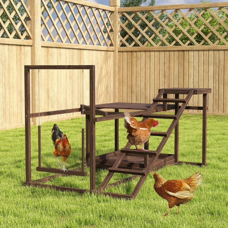 PawHut Wooden Chicken Activity Play Set with Perch, Swing, Ladder, Platforms, Feeder Storage, Coffee