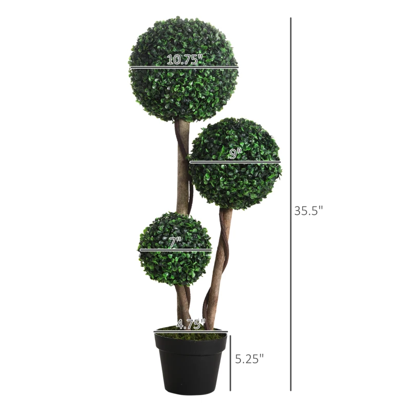 HOMCOM 35.5" Artificial Plant for Home Decor Indoor & Outdoor Fake Plants Artificial Tree in Pot, Ball Boxwood Topiary Tree for Home Office, Living Room Decor, Set of 2, Green
