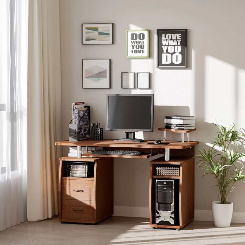 HOMCOM Computer Desk with Keyboard Tray, CPU Stand, Writing Desk with Drawers, Workstation for Home Office, Walnut Brown