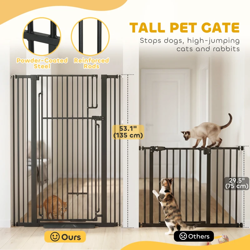 PawHut 53.1" Tall Dog Gate with Cat Door, 32"-42.5" Wide Adjustable Pressure Mounted for Doorways, Hallways, No Drilling, Black