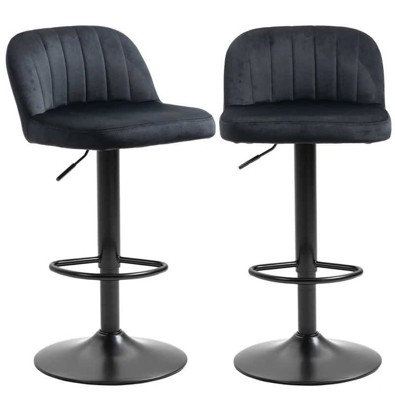 HOMCOM Adjustable Bar Stools Set of 2, Velvet Counter Height Barstool, Upholstered Kitchen Stool with Swivel Seat, Steel Frame, Footrest for Kitchen Counter and Dining Room, ‎Black