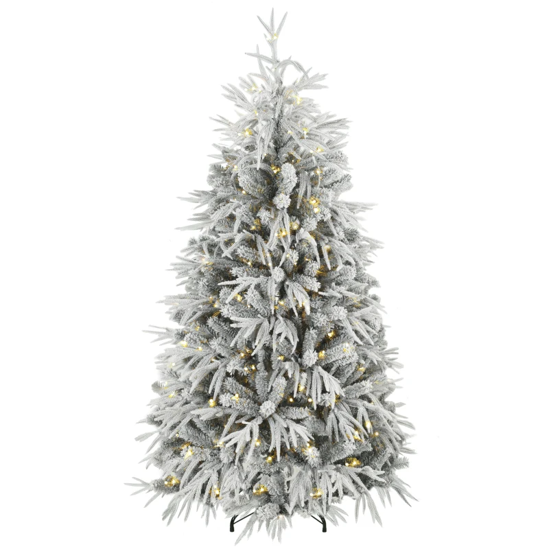 HOMCOM 6ft Prelit Flocked Christmas Tree, Artificial Norfolk Pine Downswept Hinged Xmas Tree with 250 LEDs, Green and White