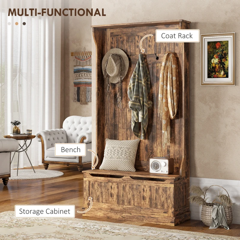 HOMCOM 3-In-1 Entryway Bench with Coat Rack, Hall Tree with Bench and Shoe Storage, 5 Hooks for Hallway Rustic Brown