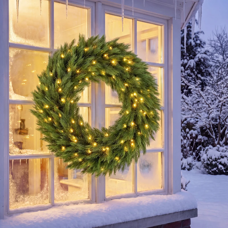 HOMCOM Christmas Decoration, 36 in Pre-Lit Norwegian Spruce Artificial Christmas Wreath with 100 LED Lights, Green