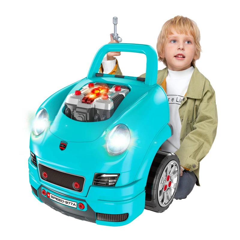 Qaba Mechanic Kids Truck Engine Toy Set, Car Service Play Set, Teal