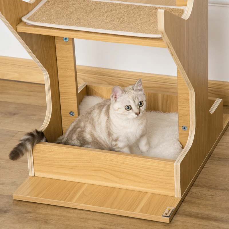 PawHut 4-level Platform Cat Tree with Resting House, Activity Center for kittens, Cat Tower Furniture with Cushion, Oak