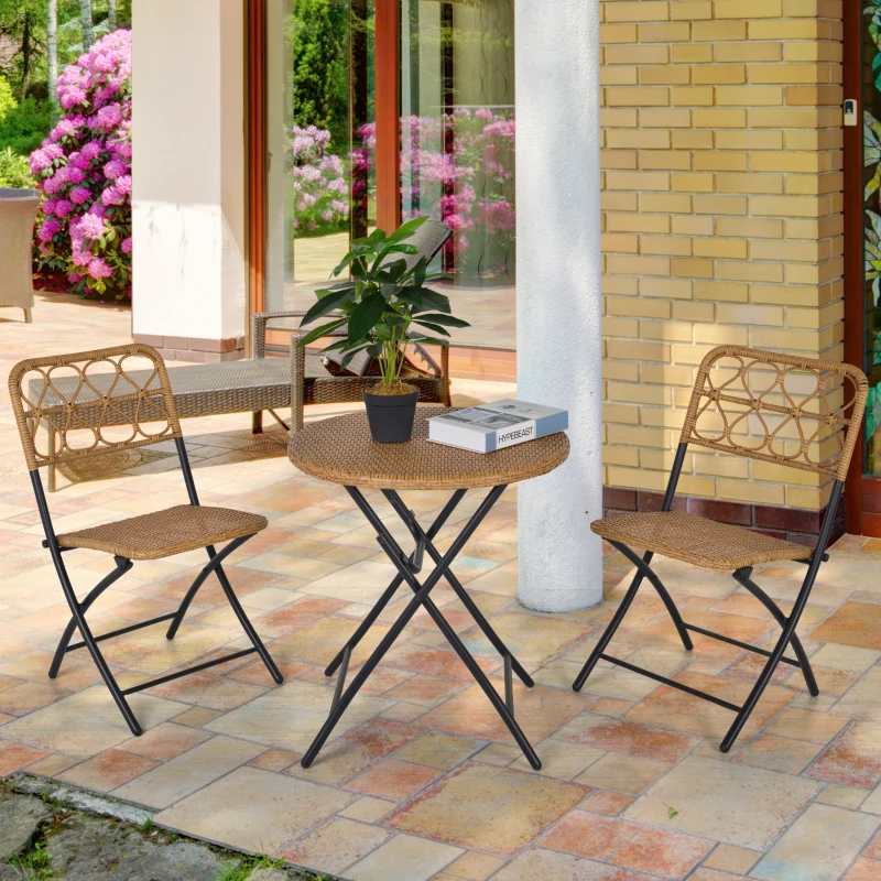 Outsunny 3PC Rattan Wicker Bistro Set w/ Folding Design, Hand Woven Rattan Table and Chairs for Outdoor, Natural