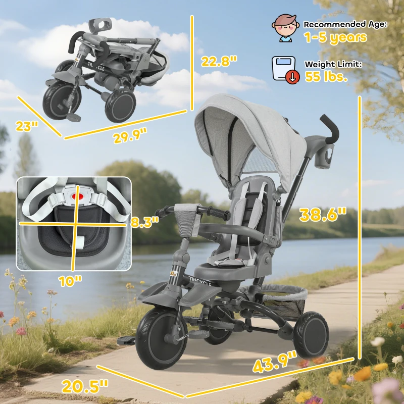 Qaba 6 in 1 Kids Tricycle with Adjustable Push Handle, Removable Canopy, Reversible Seat, for 1-5 Years, Gray