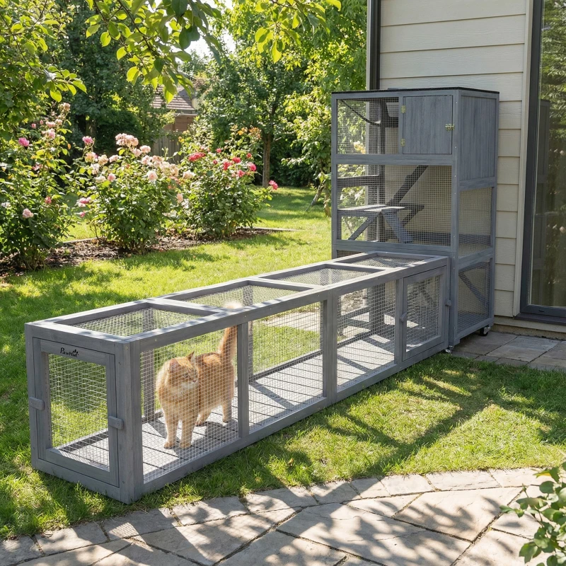 PawHut Wooden Cat Run with Weather Protection, Connecting Inside and Outside, 79"L x 15"W x 15"H, Dark Gray