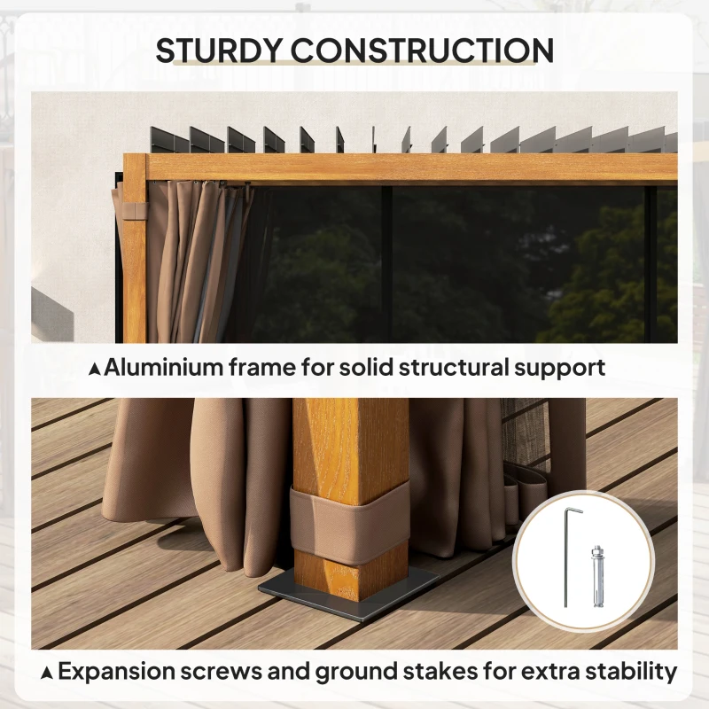 Outsunny 10' x 13' Outdoor Retractable Pergola w/ Sun Shade Louvered Top, Pergola w/ Canopy, Curtains, Netting, Natural Wood