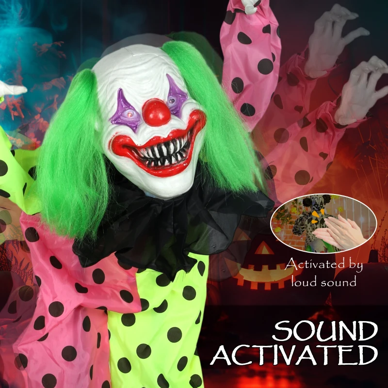Outsunny Life Size Stackable Halloween Animated Clown with Red Light Up Eyes, Sound Activated Scary Halloween Decorations