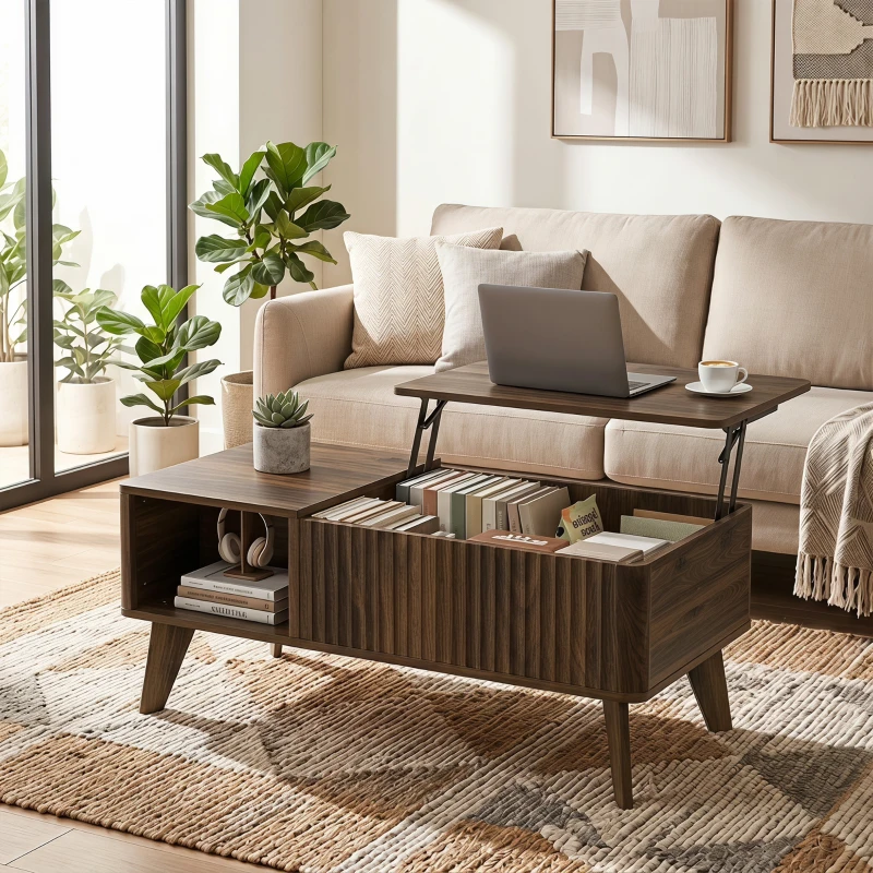 HOMCOM 40" Fluted Lift Top Coffee Table with Storage, Mid-Century Coffee Table with Hidden Compartment, Open Shelf, Walnut