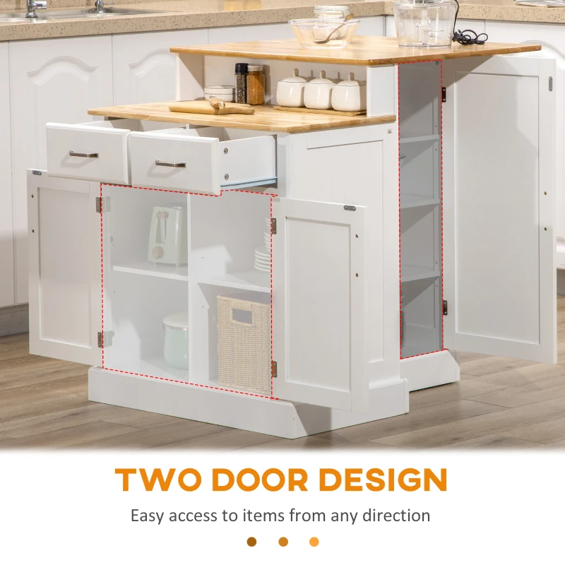 HOMCOM Kitchen Island with 2-Level Rubber Wood Tabletop, Island Table with Adjustable Shelves and Drawers, White