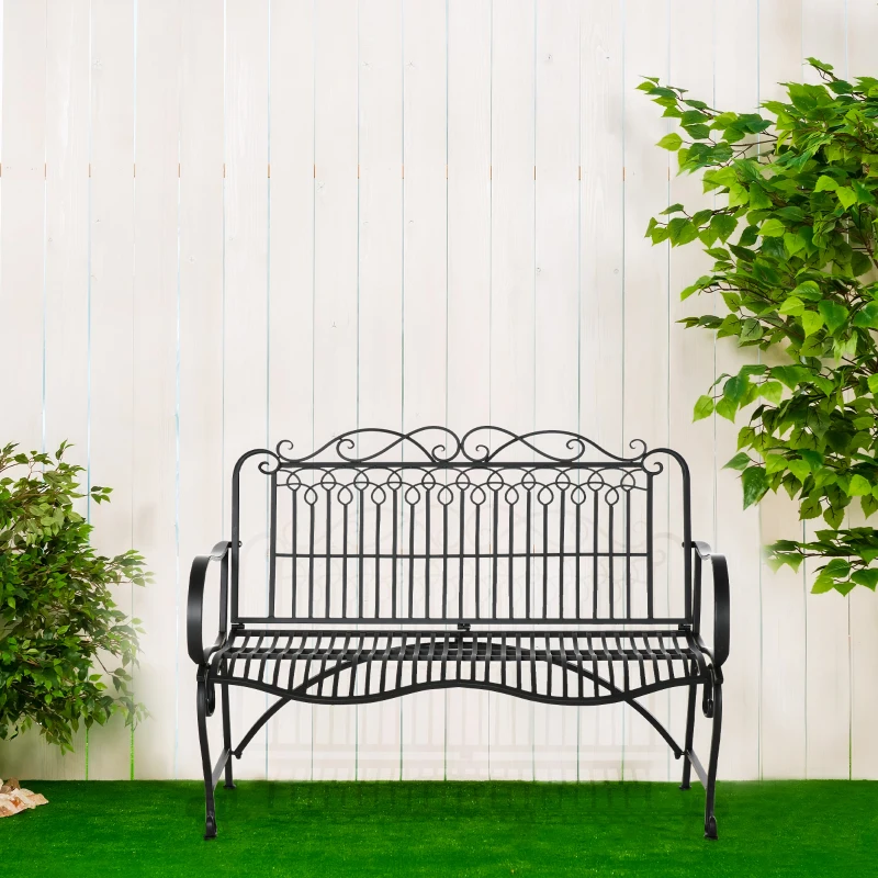 Outsunny Metal Park Bench for Front Porch, Loveseat Like 2 Person, Armrests, Steel Frame, European Antique Style Outdoor Furniture, Black