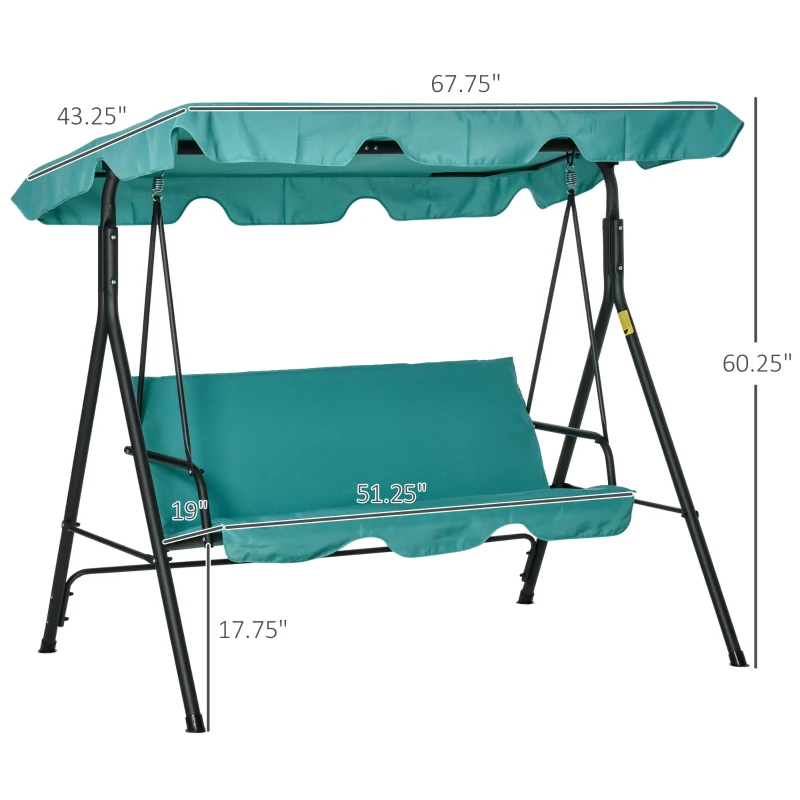 Outsunny 3-Seat Outdoor Patio Swing Chair with Removable Cushion, Steel Frame Stand and Adjustable Tilt Canopy for Patio, Garden, Poolside, Balcony, Backyard, Green