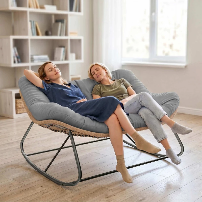 Outsunny Indoor Outdoor Double Papasan Rocking Chair, Oversized Rocking Egg Chair with Cushion for Garden, Patio, Gray