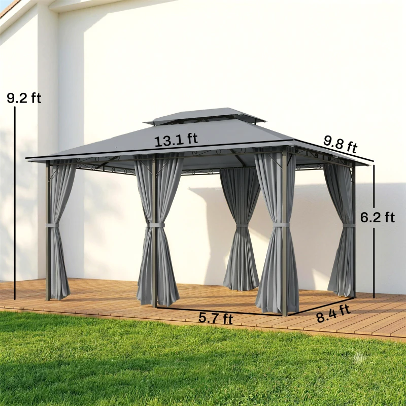 Outsunny 10' x 13' Outdoor Soft Top Gazebo Pergola with Curtains, 2-Tier Steel Frame Gazebo for Patio, Sage Gray