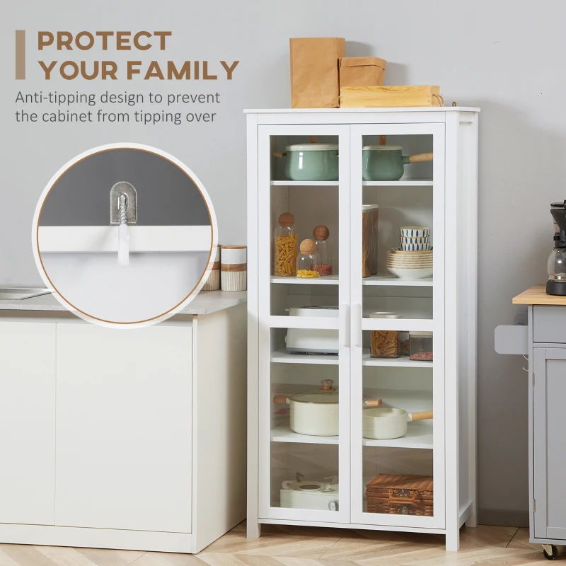 HOMCOM Freestanding Kitchen Pantry, 5-tier Storage Cabinet with Adjustable Shelves and 2 Glass Doors, White