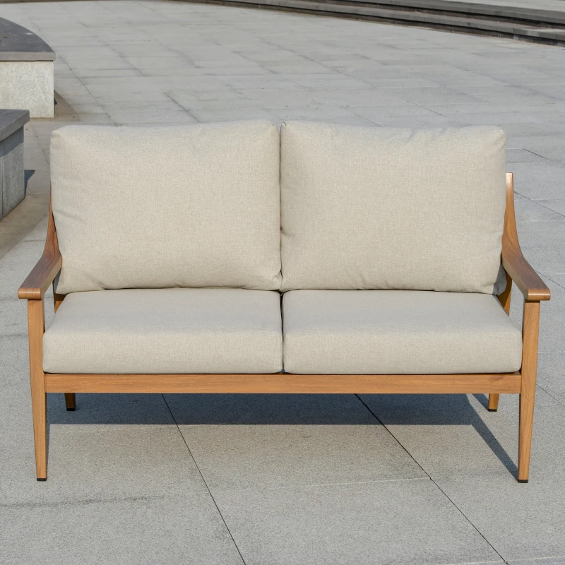 Outsunny 4 Piece Patio Furniture Set, Aluminium Outdoor Conversation Sofa Set, 2 Armchairs, 1 Loveseat Sofa, 1 Center Coffee Table, Soft Cushions for Backyard, Garden, Khaki