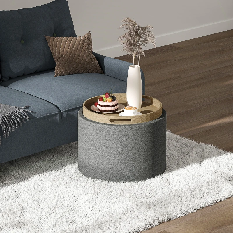 HOMCOM Round Storage Ottoman Coffee Table with Flip Top Tray, Linen Fabric Upholstered Footstool with Hidden Compartment