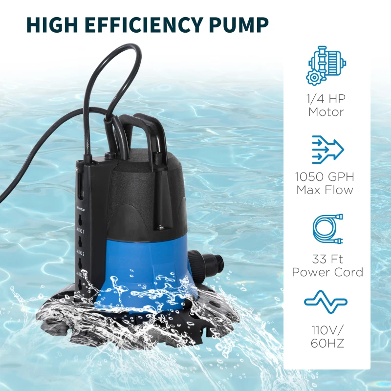 Outsunny Pool Cover Pump, 1/4 HP Sump Pump with 32.8ft Power Cord for Swimming Pool Spa Hot Tub Pond Basement Yard Flood, 1050 GPH Max Flow