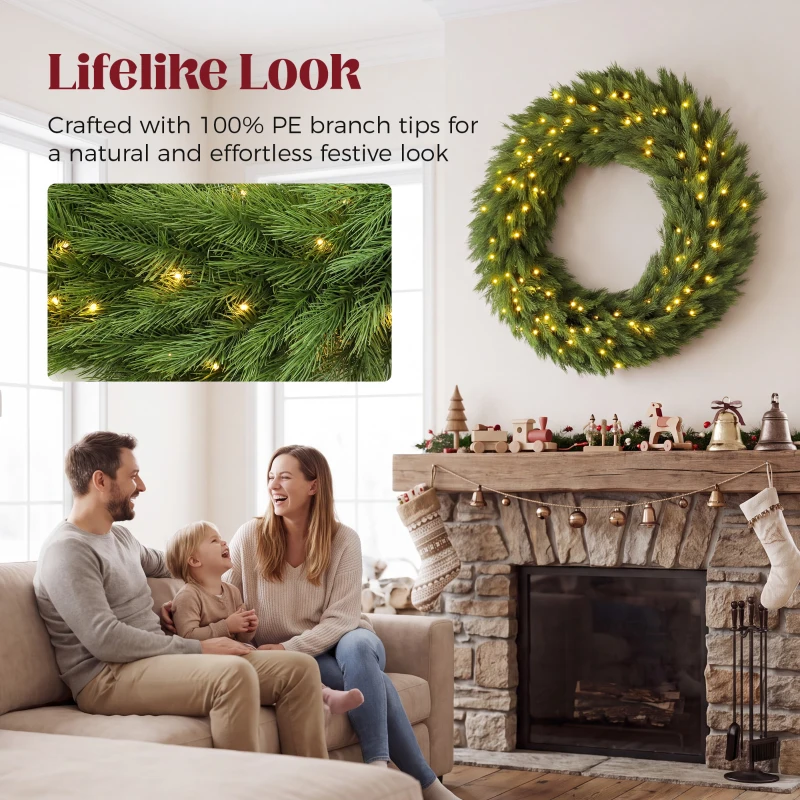 HOMCOM Christmas Decoration, 48 in Pre-Lit Norwegian Spruce Artificial Christmas Wreath with 150 LED Lights, Green