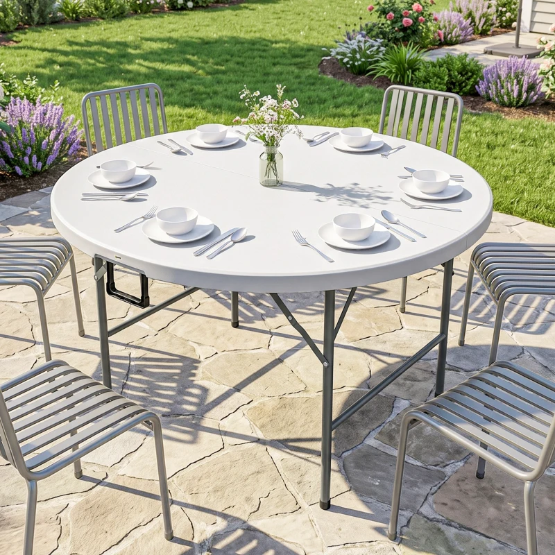 Outsunny Φ48" Folding Patio Table, Outdoor HDPE Picnic Table, Card Table for 6, Round Folding Banquet with Metal Frame, White