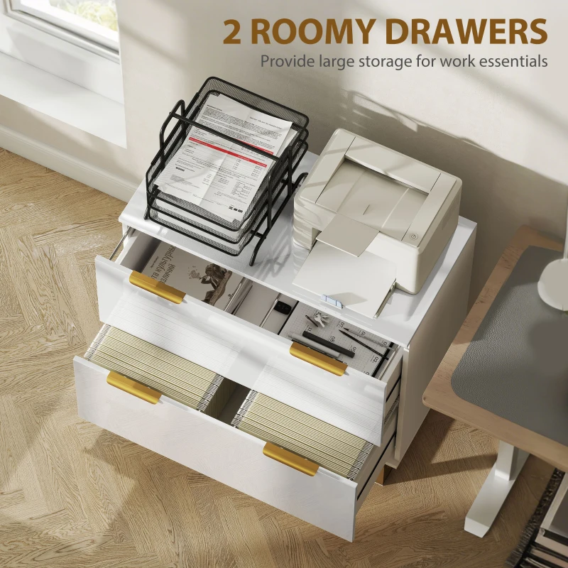 HOMCOM Lateral File Cabinet with 2 Drawers, Modern Filing Cabinet for Letter/A4/Legal Size Files, High Gloss White