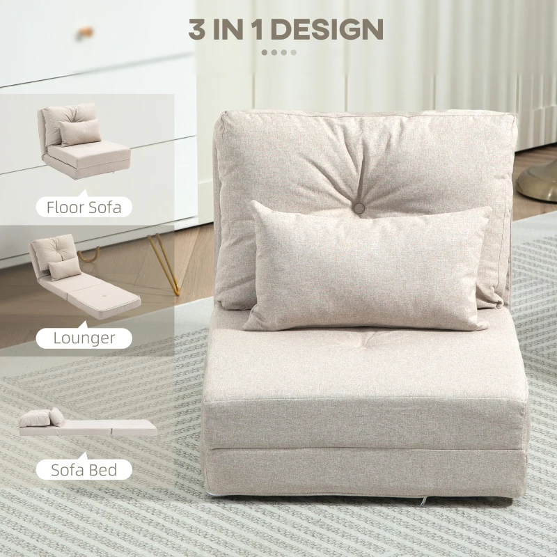HOMCOM Floor Chair, Convertible Floor Sofa Bed, Folding Upholstered Couch Bed with Adjustable Backrest, Beige