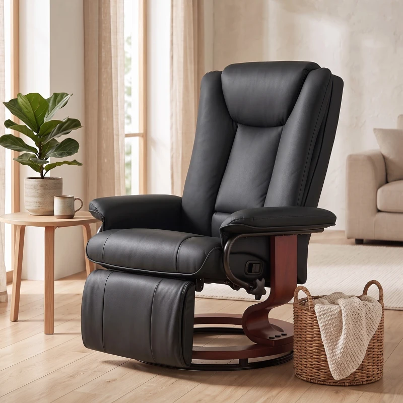 HOMCOM Modern RV Recliner Chair, PU Leather Swivel Recliner Armchair with Footrest for Living Room, Black