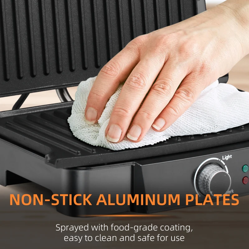 HOMCOM 4 Slice Panini Press Grill, Stainless Steel Sandwich Maker with Non-Stick Double Plates, Locking Lids and Drip Tray, Opens 180 Degrees to Fit Any Type or Size of Food 13"x10.25"x4.75"