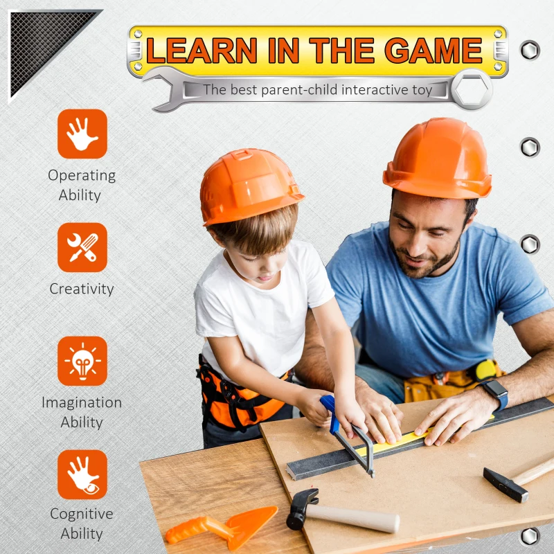 Qaba 2 in 1 Kids Workbench 79 Pcs Construction Playset Toy with Battery-Powered Drill, Hammer, Saw, Storage Tray for Ages 3+, Black and Gray