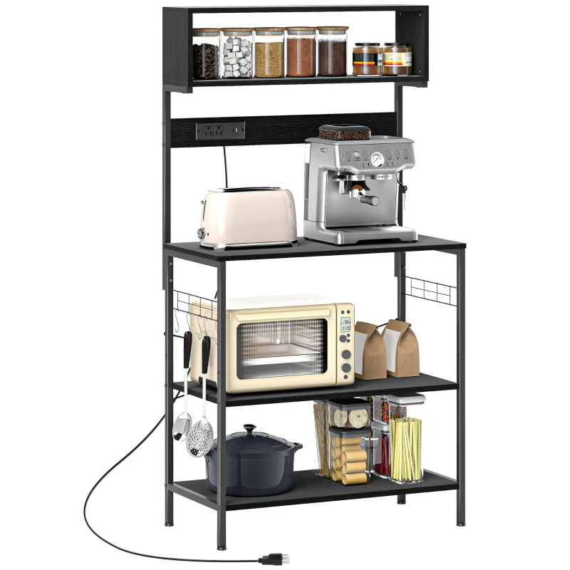 HOMCOM Baker's Rack with Charing Station, Microwave Shelf with Power Outlet, USB Charger and 5 Hooks, Black
