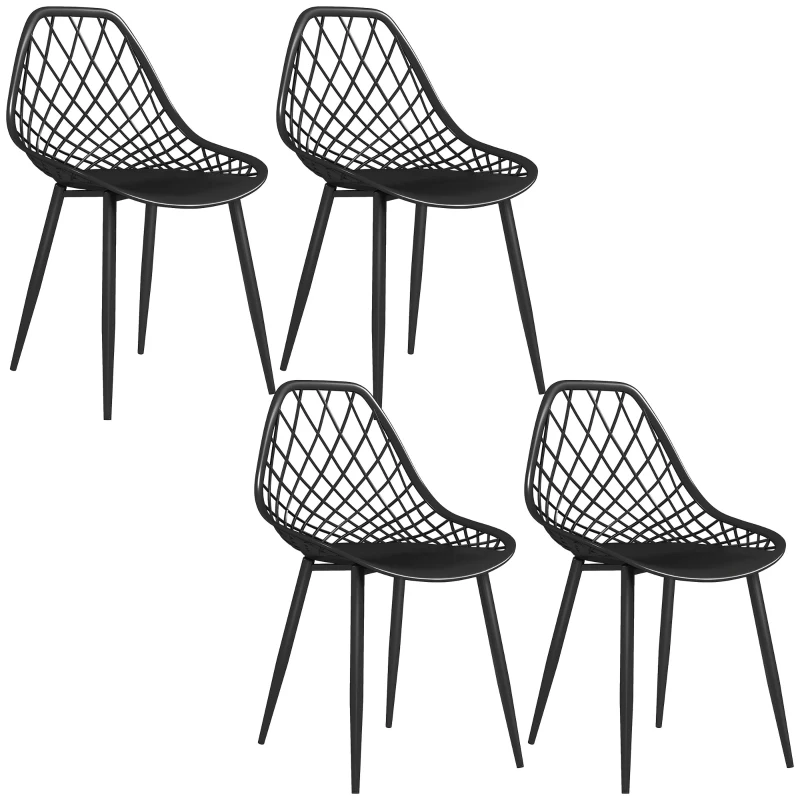 HOMCOM Modern Dining Chairs Set of 4, Plastic Kitchen Chairs with Hollow Backrest and Metal Legs for Living Dining Room, Black