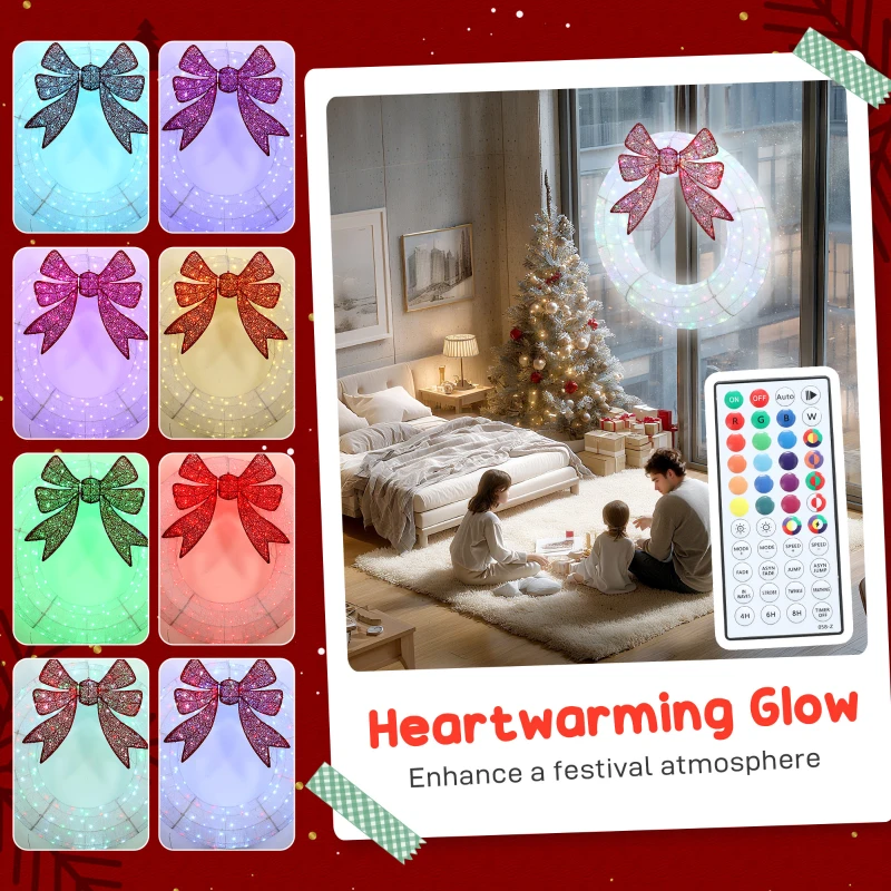 Outsunny 60 Inch Lighted Wreath Decoration with Dual Color LED, Christmas Wreath with Daily Timer, Remote for Indoor Outdoor