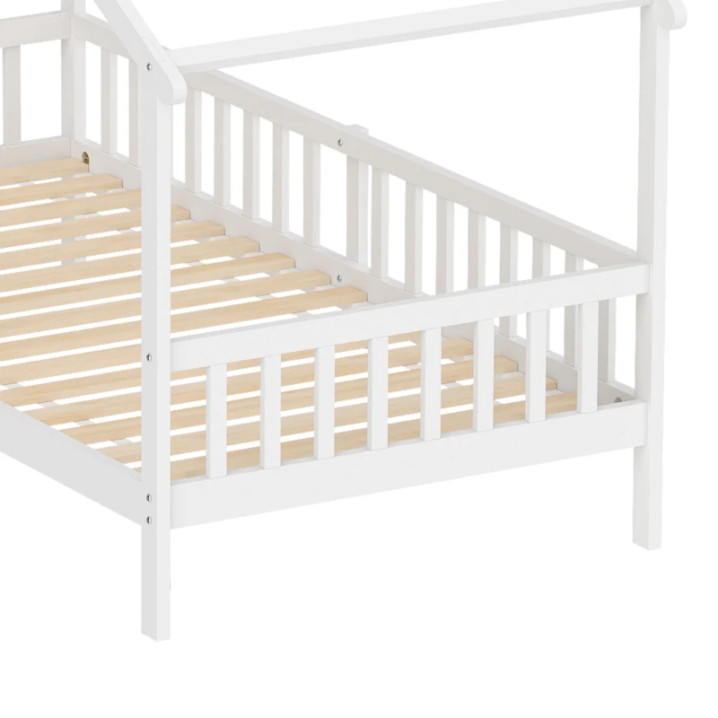 Qaba Twin Bed Frame, Solid Wood Montessori House Bed with Roof, Safety Guardrail for Girls Boys, No Box Spring Needed, White