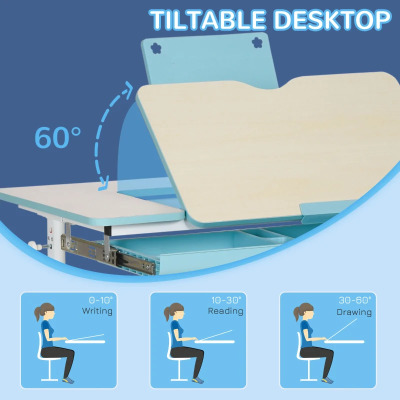Qaba Kids Desk, Height Adjustable Children School Study Table, Student Writing Desk with Tilt Desktop, Drawer, Reading Board, Blue